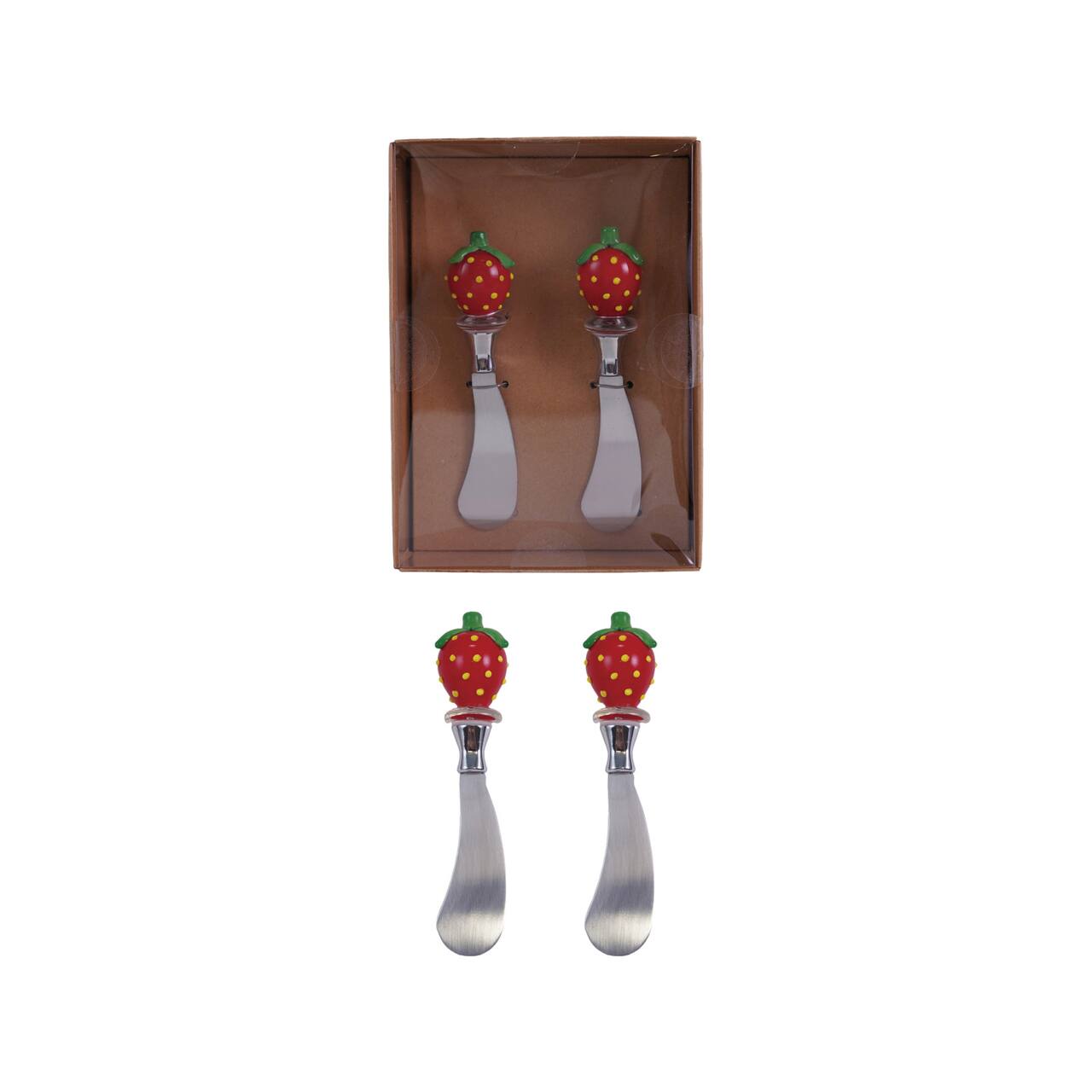 Hello Honey 2-Piece Stainless Steel Canape Knives with Glass Strawberry Shaped Handles, Red and Green